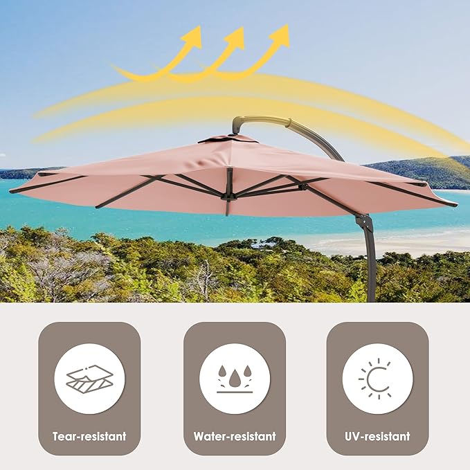 ENSTVER 11FT Cantilever Patio Umbrella With Base Included, Round Large Aluminum Outdoor Cantilever, Heavy Duty Offset Umbrella with 360°Rotation for Pool, Deck, Backyard, Garden(Pink)