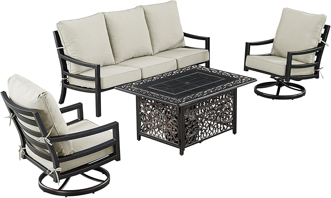 Oakland Living Black Aluminum Patio Fire Table Set with Deep Seating Sofa with Cushions and Two Club Chairs with Light Grey Cushions