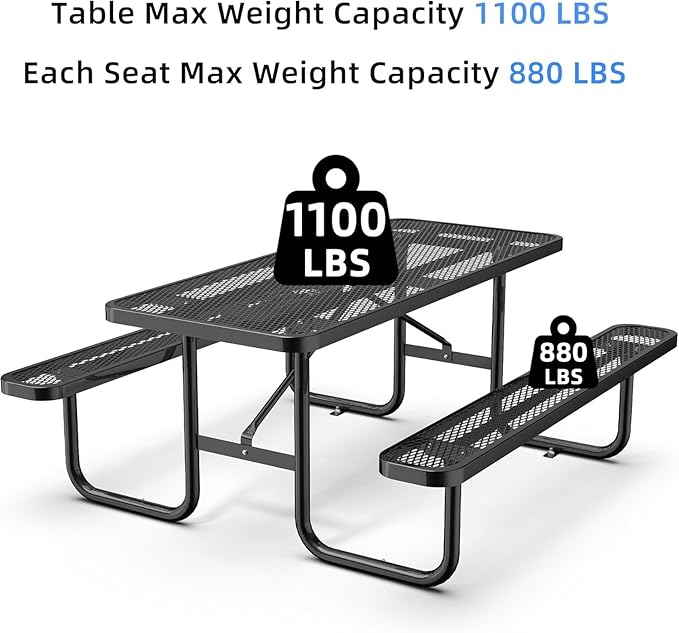 dafrigic 72" All Weather Resistant Commercial Picnic Table for Outdoors, Heavy Duty Picnic Table up to 2800 lbs with Expanded Metal for School, Warehouse, Coffee Shop, Black