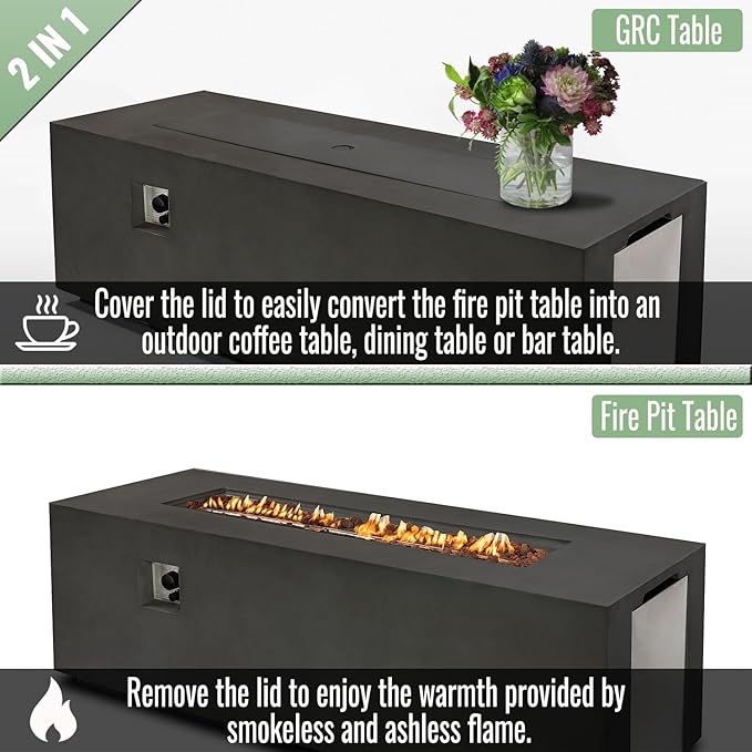 70 Inch Outdoor Propane Fire Pit Table for Outside Patio, Concrete Fire Pit Table, Rectangle Gas Fire Pit for Garden, Pool, Backyard, 60,000 BTU, Free Lava Rocks, Dark Gray