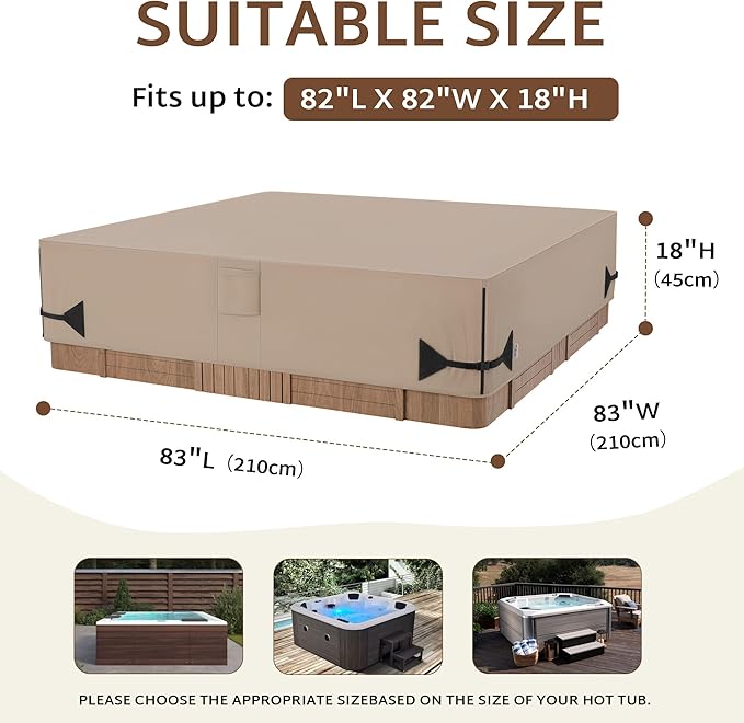 iBirdie Outdoor Waterproof Hot Tub Cover 83 x 83 inch fit 82 x 82 or 81 x 81 or 80 x 80 Square SPA 600D Heavy Duty Weatherproof Cover Protectors Protective Cap, Brown
