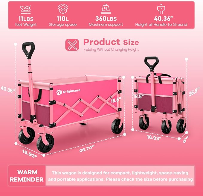 Collapsible Wagon Cart Foldable - Lightweight Portable Heavy Duty Folding Beach Wagons with Wheels - Outdoor Utility Carts for Grocery, Camping, Shopping with Large Capacity - Pink