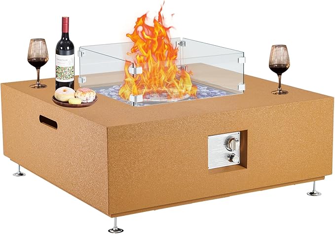 36" Outdoor Propane Fire Pit Table, 50000BTU Fire Table with Wind Guard, 11LBs Glass Beads & Rain Cover, Patio Heater with Anti-Rust Coating, Stainless Steel Gas Fire Pits for Outside Patio,Yellow