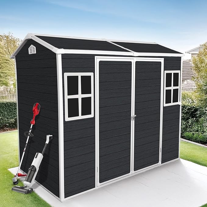 8x4ft Resin Outdoor Storage Shed with Floor and 2 Windows, Plastic Sheds & Outdoor Storage Clearance for Patio Furniture,GardenTools, Bike Accessories and Lawn Mower, Carbon Black