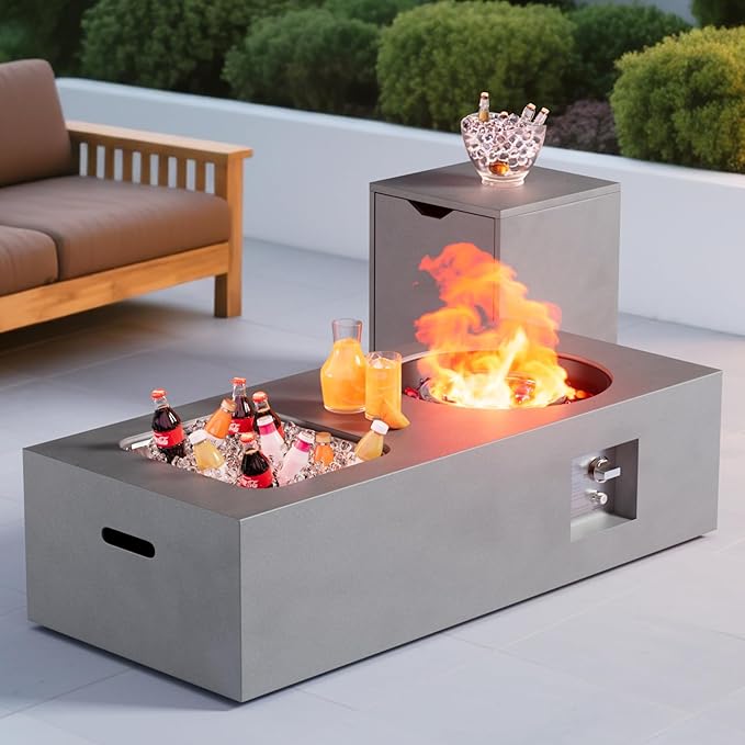 Dineli 2-Piece Outdoor Propane Fire Pit Table Set w Tank Table 48'' Rectangular Firepit w Ice Bucket Gas Fire Pits for Outside Patio Tabletop Fire Pits, 50,000 BTU, Gray