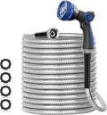 SPECILITE 100ft 304 Stainless Steel Garden Hose Metal, Heavy Duty Water Pipe with Nozzles for Yard, Outdoor - Flexible, Never Kink & Tangle, Puncture Resistant (Sliver)