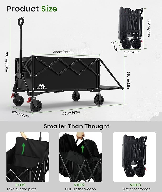 Extra Large Foldable Wagons Extended Clearance, 250L Collapsible Wagon with Tailgate, 49”L Folding Wagons with Brakes, Grocery Wagon, Utility Cart for Sports, Shopping, and Camping, Black
