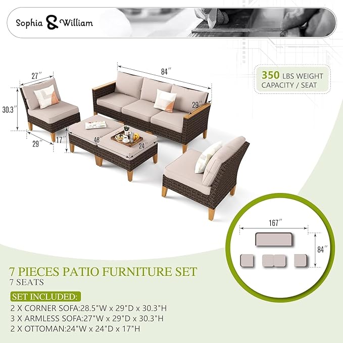 Sophia & William 7 Piece Patio Furniture Sets, Sectional Outdoor Rattan Wicker Sofa, All Weather Patio Conversation Set for Deck Backyard Lawn, Outdoor Couch, Beige