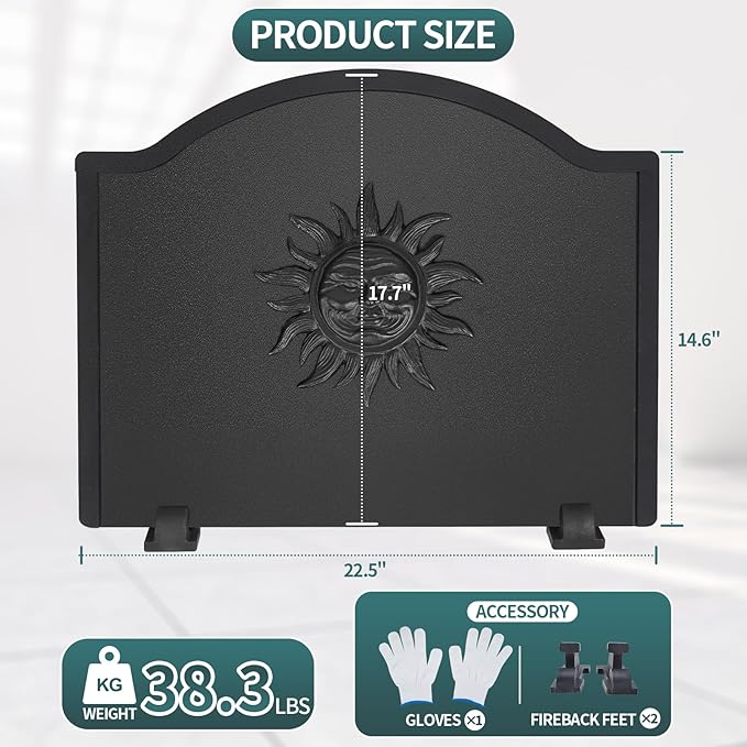 Iron Fireback with Feet - 22.5in Sun Fireplace Heat Reflector, Heat-Resistant Material with Decorative Design for Wall Protection