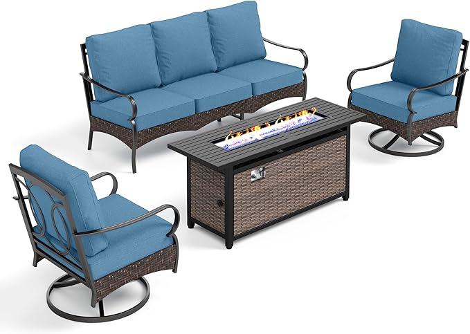 PHI VILLA Patio Furniture Set with 56" Fire Pit Table, Premium Outdoor Wicker Metal Frame Furniture with Upgraded Waterproof Thick Cushions for Porch, Poolside, Deck, and Yard（4 Pieces,Navy