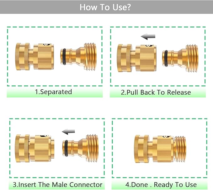 BoArt (4 Sets Garden Hose Quick Connector Set, Solid Brass 3/4 Inch Water Fitings Thread Easy Connect No-Leak Male Female
