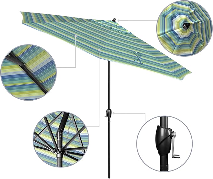 California Umbrella 9' Rd Aluminum Patio Umbrella, Crank Lift, Auto Tilt, Black Finish, Sunbrella Seville Seaside