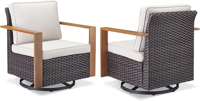 Rilyson Outdoor Wicker Patio Furniture Set - 5 Piece Patio Conversation Set with 2 Wicker Swivel Rocker Chairs,2 Rattan Ottoman and 1 Couch,Thick Cushions,Deep Seating,Wide Armrest(Brown/Beige)