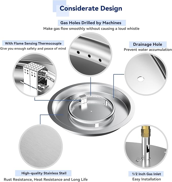 Skyflame 19" Round Stainless Steel Fire Pit Drop-in Burner Kit with CSA Certified, Flame Sensing, Electronic Spark Ignition, Propane Regulator Connector Hose Set for Propane Tank