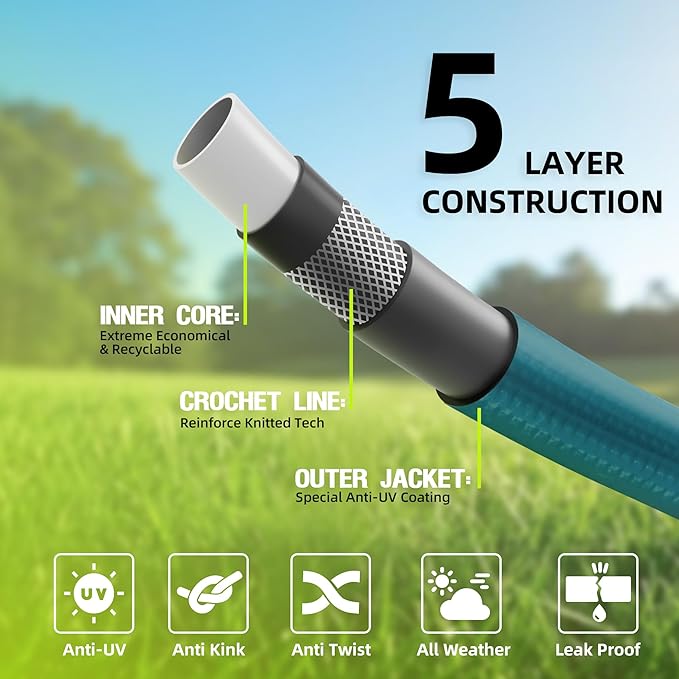 Worth Long Lead-in Green Garden Hose 5/8 in. x 50 ft. -Kink Free, No Leaking, Male/Female Fittings -Heavy Duty Durable Flexible Lightweight Water Pipe -Brass Aluminum Ends for Household & Yard Use