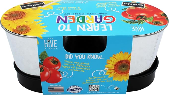 BUZZY Seeds 2-Pot Kids Gardening Kit – Grow Tomato and Sunflower Plants with Non-GMO Seeds, Planters, Growing Medium, Planter Markers and Chalk, Educational Gift for Kids, Birthday or Holiday Present