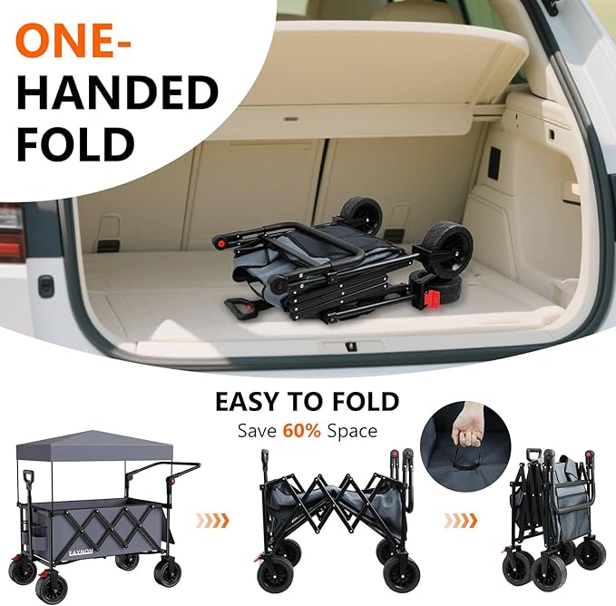 3 in 1 Collapsible Wagon with 300lbs Weight Capacity,150L Heavy Duty Utility Cart with Removable Canopy,with Big All-Terrain Beach Wheels & Drink Holders,Gray