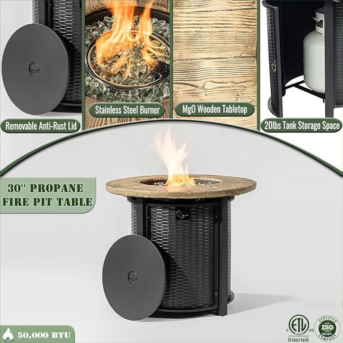 30" Round Propane Fire Pit Table, 50,000 BTU Outdoor Steel Patio Heater with Wood Grain Finish for Deck Garden & Backyard Use, Steel Lid & Lava Rock Included