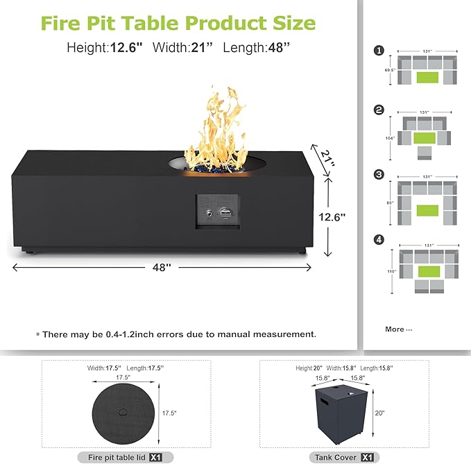 Dineli 2-Piece Outdoor Propane Fire Pit Table Set w Tank Table 48'' Rectangular Firepit Gas Fire Pits for Outside Patio Fire Table Tabletop Fire Pits w CSA Certified, 50,000 BTU, Black