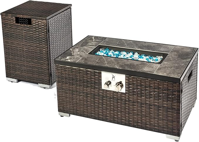 32in Gas Fire Pit Table Set, 50,000 BTU Propane Fire Pit Table Outdoor with Rain Cover, Hideaway Tank Holder Fits 20lb Tank, Gas Fire Pit for Outside w/Ceramic Tabletop and lid, Glass Rocks