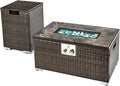 32in Gas Fire Pit Table Set, 50,000 BTU Propane Fire Pit Table Outdoor with Rain Cover, Hideaway Tank Holder Fits 20lb Tank, Gas Fire Pit for Outside w/Ceramic Tabletop and lid, Glass Rocks