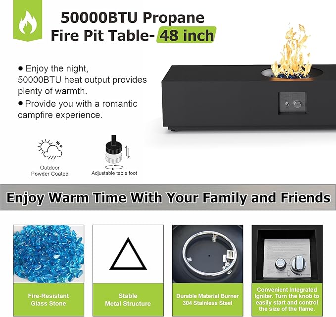 Dineli 2-Piece Outdoor Propane Fire Pit Table Set w Tank Table 48'' Rectangular Firepit Gas Fire Pits for Outside Patio Fire Table Tabletop Fire Pits w CSA Certified, 50,000 BTU, Black