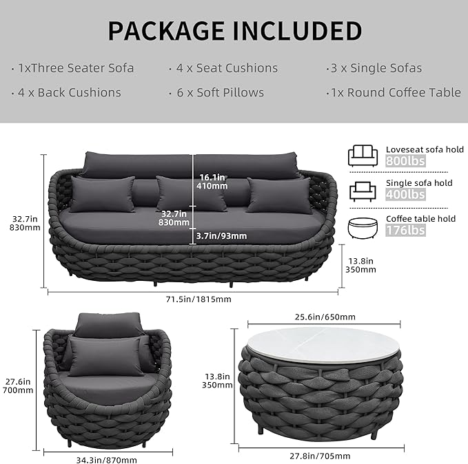 TWT Outdoor Patio Furniture Set-5 Pieces Aluminum Sectional Sofa, Metal Patio Conversation Set with Threeseat & Armchair, Textile Rope and Coffee Table, Dark Grey