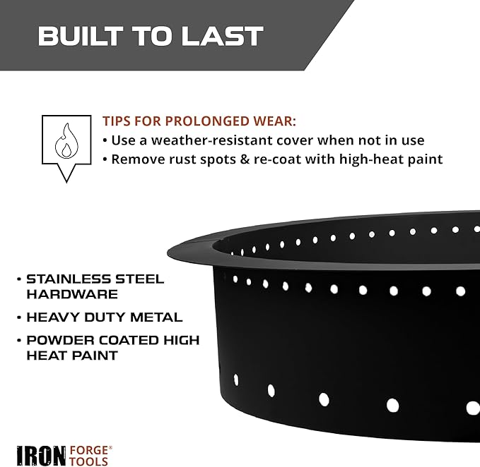 Iron Forge Tools Fire Pit Ring 42 Inch Outer/36 Inch Inner - Outdoor Heavy Duty Metal Round Smokeless Fire Ring Insert Liner - Utility Patent Pending (42x36x10)
