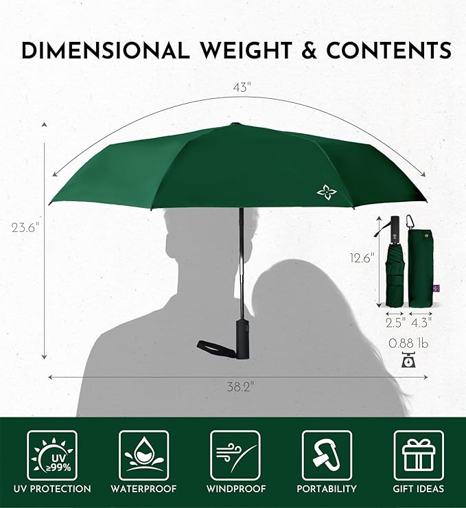 UV Travel Umbrella for Sun Protection & Rain, Compact Windproof Folding, Refined craftsmanship, Auto Open/Close, 43" Canopy with color coating, UPF 100+ UV Blocking, TSA Approved