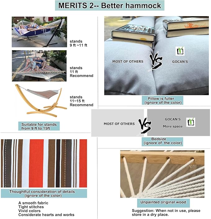 GOCAN Double Hammock with Quilted Fabric and Spreader Bars,Longer and Sturdier,Quality Hammocks for Outdoor Indoor Patio Yard