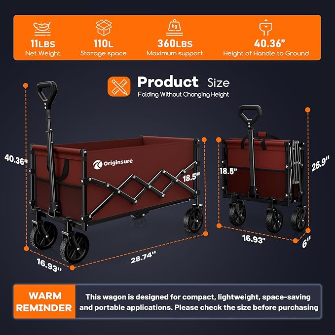 Collapsible Wagon Cart Foldable - Lightweight Portable Heavy Duty Folding Beach Wagons with Wheels - Outdoor Utility Carts for Grocery, Camping, Shopping, Sports with Large Capacity - Red