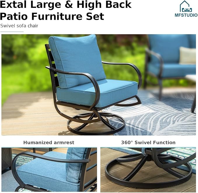 MFSTUDIO 7 Pieces Metal Patio Furniture Sets, 2 Swivel Chairs, 3-Seat Deep Seating Sofa, 2 Single Couch and 2 Ottoman, All Weather 9 Seats Outdoor Conversation Set for Garden Backyard, Navy Cushion