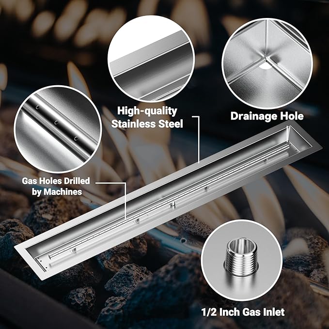 Skyflame 48 x 6 Inch Liner Fire Pit Pan Kit, Stainless Steel Drop-in Fire Pit Pan and Burner, Come with Spark Ignition and Propane Hose, Indoor/Outdoor Fire Table DIY Decorative