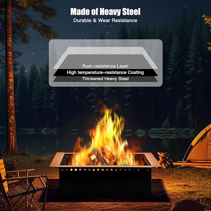 36 inch Outdoor Fire Pit Liner, Square Heavy Duty Fire Pits, Rim Insert Firepit for Outside, DIY Campfire Fireplace
