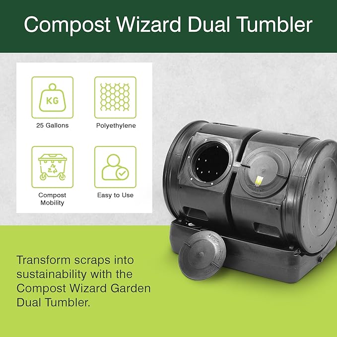 Good Ideas Compost Wizard Outdoor Garden Dual Tumbler Compost Container, Black
