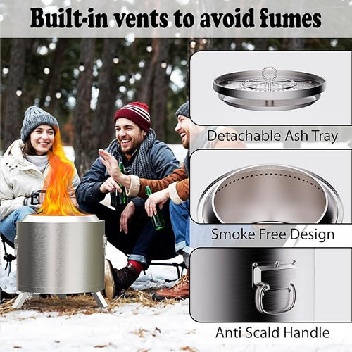 18″ Stove Smokeless Fire Pit with Stand 17.7"*18.1", Outdoor Firepit Wood Burning Design Removable Ash Pan | Stainless Steel Patio Bonfire | Wood & Pellet Fueled – Compact Camping&Patio Heater(Silver)