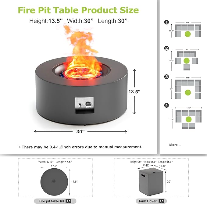 2-Piece 30" Round Propane Fire Pit for Outside Patio with Hidden Tank Table, 50,000 BTU Fireplaces with Lid, Glass Rocks, Cover(Dark Grey)