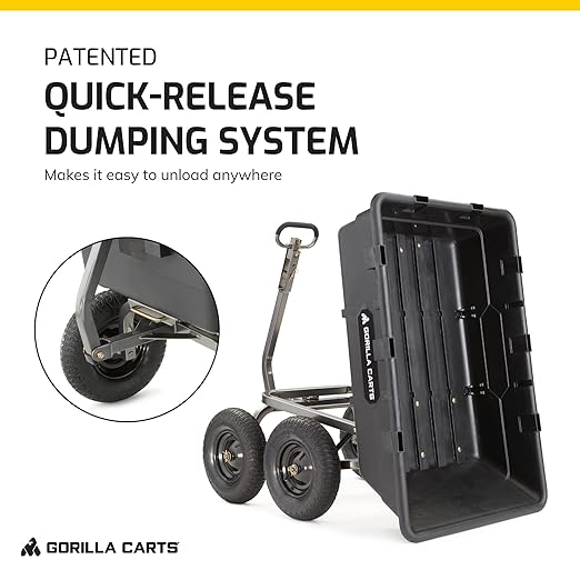Gorilla Carts Heavy-Duty Poly Yard Dump Cart, 10 Cu Ft Tub, 1500 lb Haul Capacity, Black – Towable Utility Wagon with Quick-Release Dumping & Pneumatic Tires for Landscaping and Gardening