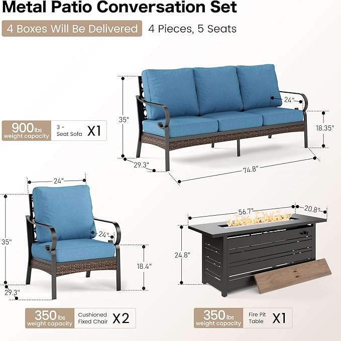 SUNSHINE VALLEY 4 Piece Black Metal Outdoor Patio Furniture Sets with Firepit Table, Patio Conversation Sets 1 3-Seater Sofa, 2 Chairs with 5.75" Thick Cushion Backyard Furniture for Deck, Denim Blue