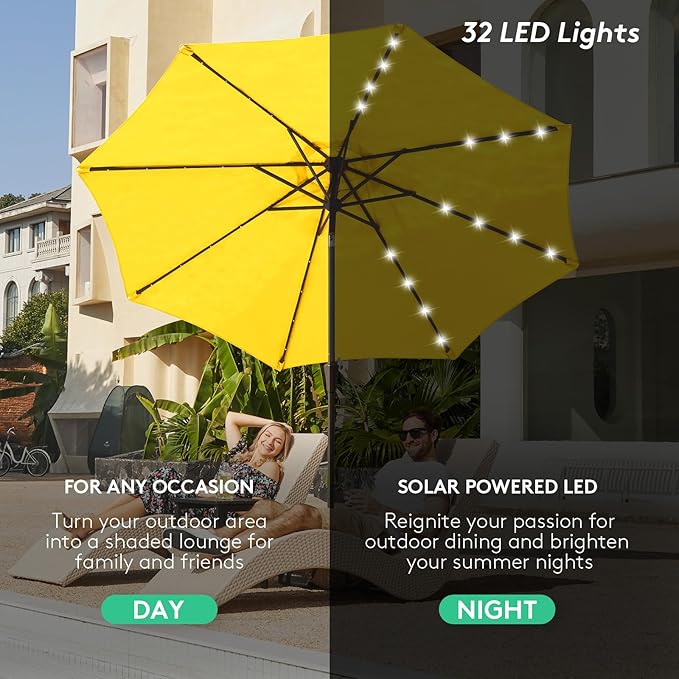 JEAREY 9FT Outdoor Patio Umbrella with Solar Lights, LED Lighted Pool Umbrella with Tilt and Crank, Outdoor Table Umbrellas for Deck, Yard & Market (Lemon)