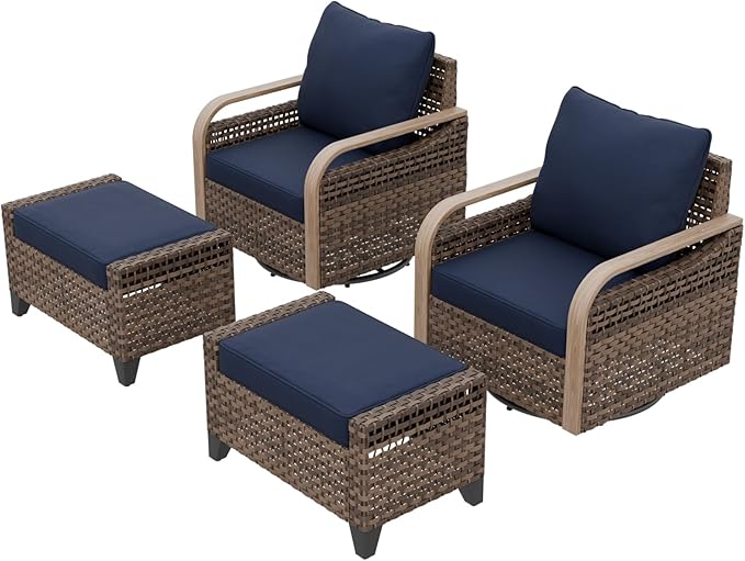 EAGLE PEAK Modern Wicker Outdoor Glider Rocking Chair, Swivel Rocker, Rattan Patio Furniture for Yard Deck Porch Garden, 2 Chairs 2 Ottomans, 4 Piece, Brown/Blue
