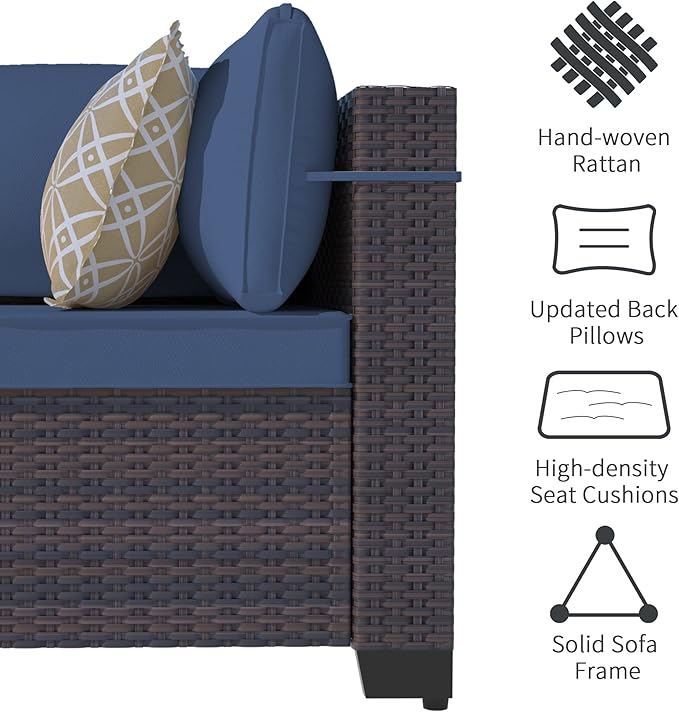 Outdoor Patio Furniture Set, 9 Pieces Outdoor Sectional Furniture Patio Set, All-Weather PE Rattan Patio Conversation Set with Tempered Glass Top Table & Cushions(Dark Blue).