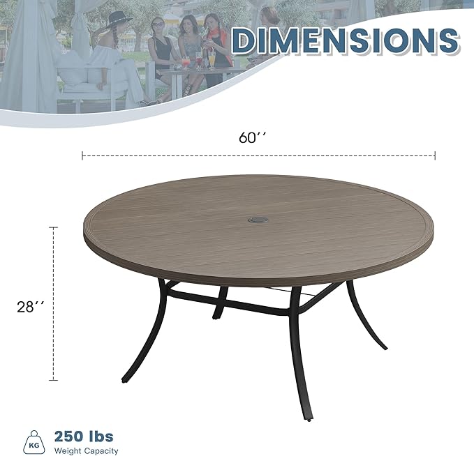 DIFY 60" Round Outdoor Patio Dining Table for 8-10, Metal Patio Table with 1.57" Adjustable Umbrella Hole, All-Weather Dining Furniture Table for Backyard Lawn Garden, Grey Wood-Like