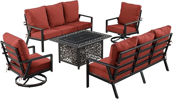 Oakland Living Black Aluminum Patio Fire Table Set with Two Deep Seating Sofa with Cushions and Two Club Chairs with Red Cushions