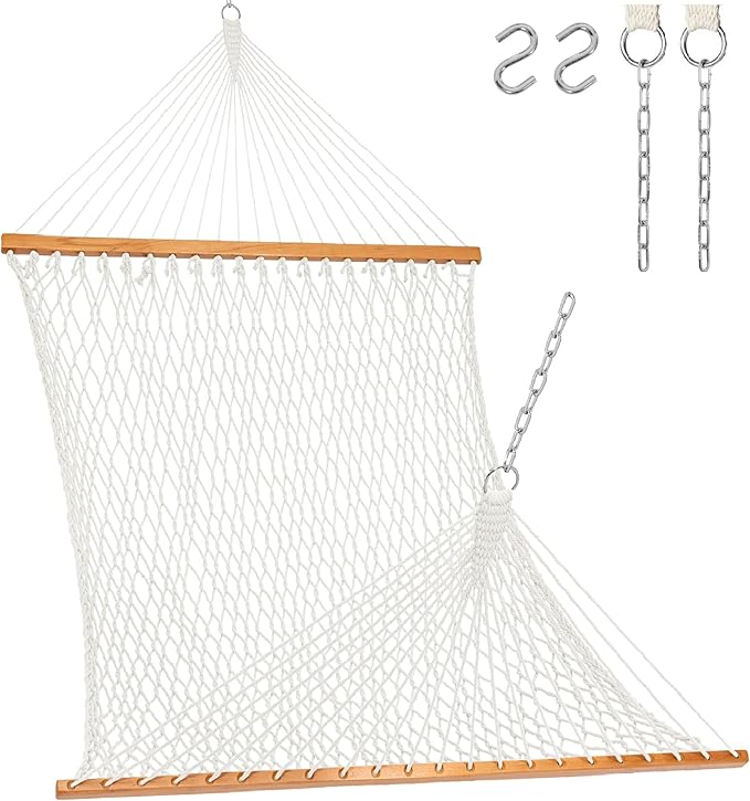 Lazy Daze Hammocks 12FT Double Rope Hammocks, 2 Person Hand Woven Cotton Hammock with Spreader Bar for Outside, Patio, Poolside, FIT 13-15 Foot Stand, Max 450 Lbs, Natural, 141 x 57 inches