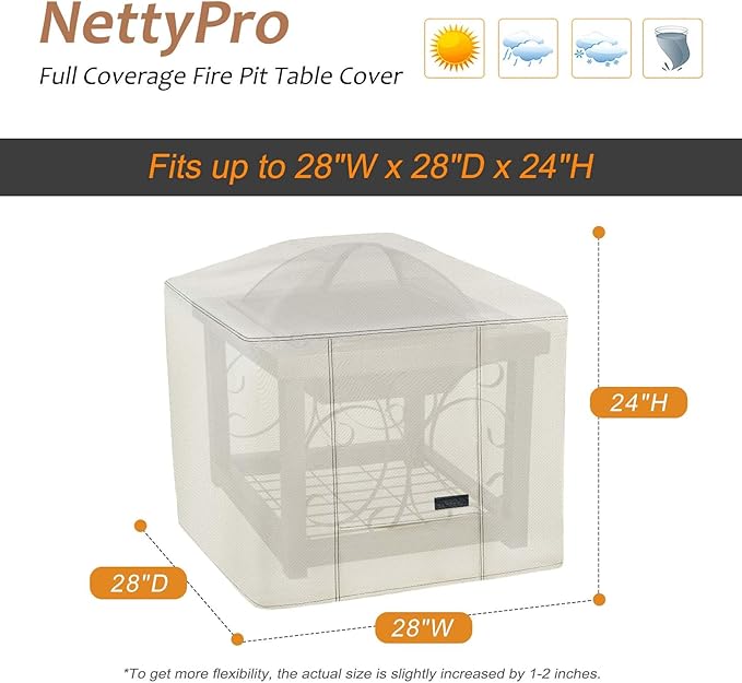 NettyPro Fire Pit Cover Square Waterproof Outdoor Firepit Cover for Gas Propane Fire Pit Table, 28 x 28 x 24 inch, Beige