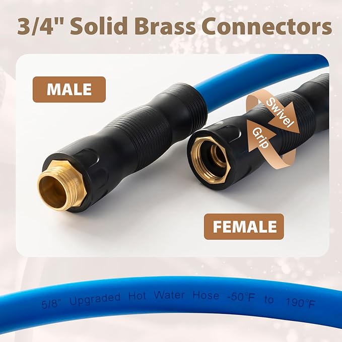 5/8" Hot/Cold Water Hose 3ft, -50℉ to 190℉ Heavy Duty,Flexible,Burst 600 Psi 3/4" Brass Fittings with Swivel Grip Handle for Outdoor,Yard, Farm, Blue