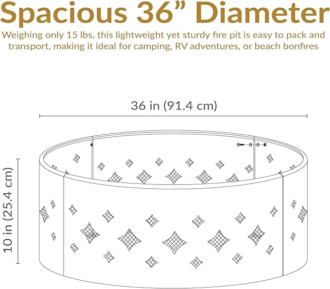 Sunnydaze 36-Inch Outdoor Fire Pit Ring with Poker - Round Heavy-Duty Steel Fire Ring for Camping or Backyard - Diamond - 10" H