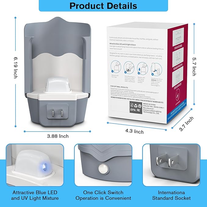 2 Flying Insect Traps with 6 Glue Refills, Indoor Fly Trap for Fruit Flies, Gnats & Mosquitoes, UV Light Bug Catcher, Safe & Odor-Free Fly Catcher for Home