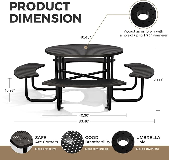 Rueekfil 46" Coated Picnic Table with Umbrella Hole, Heavy Duty Commercial Picnic Table for Outdoors, Family & Party Ready for School Camping, Round, Black